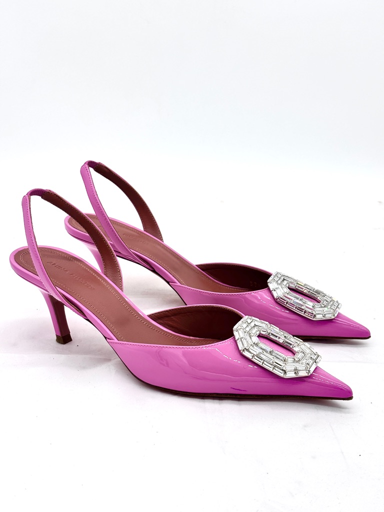 Amina Muaddi Camelia Crystal Buckle Slingback Pink Patent Leather Heels